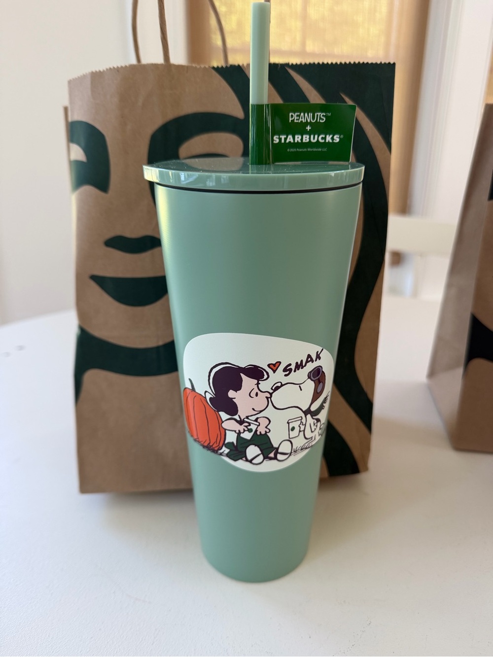 Peanuts Green Stainless Tumbler with Peanuts Graphic and Straw